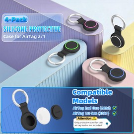 [4-Pack] Silicone Case for AirTag 2/1, Waterproof Air Tag Holder with Key Ring Full Protective Cover Hidden AirTags Holder for Kids Backpacks, Keys, Luggage, Pet Collars (White/Blue/Green/Rose Red)