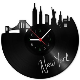 GRAVURZEILE Vinyl Record Clock - Skyline New York - Wall Clock Made of Cast Vinyl with City Skyline 30 cm - Upcycling Design Clock Wall Decoration Vintage Wall Decoration Retro Clock - Made in Germany