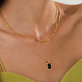 XYWstore Women's Alloy Double-Layer Square Pendant Cuban Chain Necklace, Gold Tone