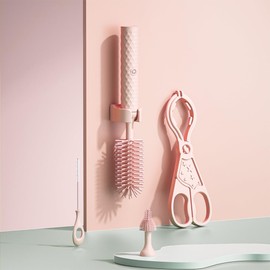 Fishlead Cepillo para Biberones Electrico, Juego de Limpieza de Botellas, Cepillos de Botella de Silicona Impermeable de Montaje en Pared IP65, Limpiador de Biberón, Chupete y Paja, Rosa (B)