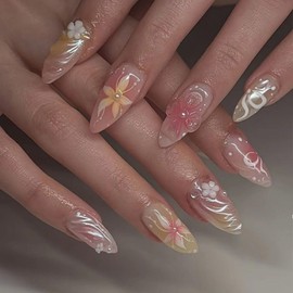 Flower Press on Nails Medium Almond Fake Nails Pink with Nude Flower Designs Full Cover Stick on Nails Glue on Nails for Women Girls 24 Pcs