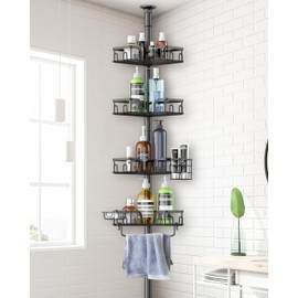Clothink Corner Shower Caddy Tension Pole, 4-Tier Rustproof Bathroom Organizer Storage for Inside Shower Bathtub Shampoo,39 to 113 Inch Adjustable Floor Standing Shelves Black