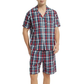 Vulcanodon Men's Short Pyjamas 100% Cotton Summer Shorty Pyjamas Checked with Button Placket Soft Sleepwear, red / blue, L