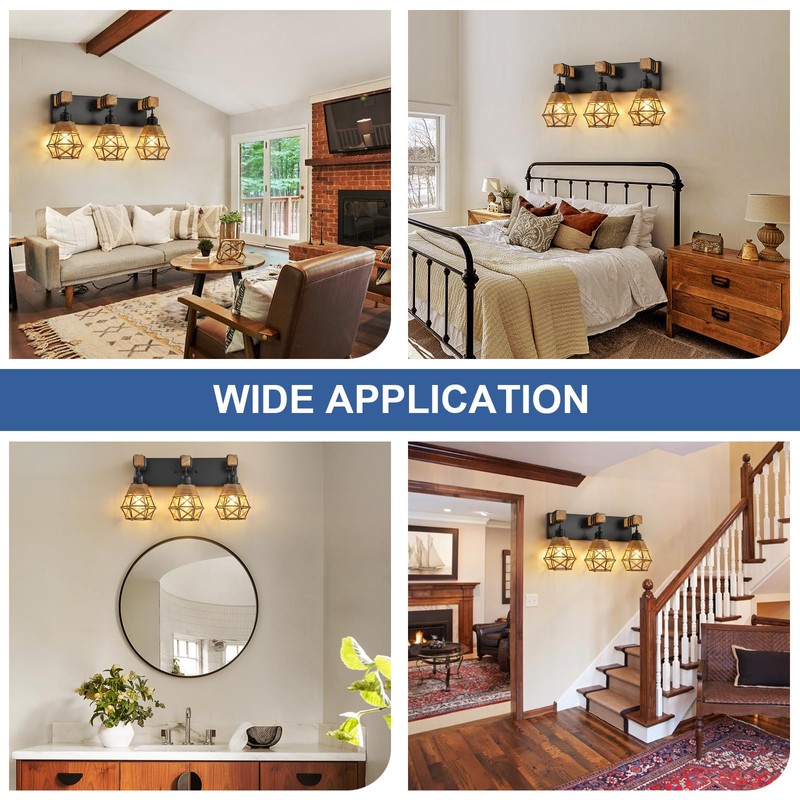 Rustic Style Wood Bathroom Wall Sconce，3 Light Bathroom Vanity Light