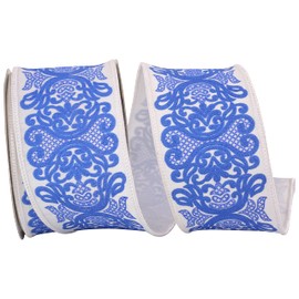 Reliant Ribbon 93861W-685-40F Regal Filigree Printed Dupioni Wired Edge Ribbon, 2-1/2 Inch X 10 Yards, White/Blue