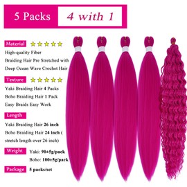 Magenta Braiding Hair Pre Stretched with Boho Braids Pink Curly Deep Ocean Wave Crochet Hair Natural Color Synthetic Knotless Boho Braiding Hair for Bohemian Braids 5 Packs