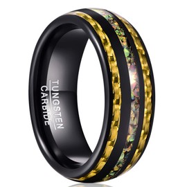 CHALAIR 8mm Mens Rings with Crushed Opal and Carbon Fiber Inlay Black Tungsten Ring Wedding Bands Size V 1/2