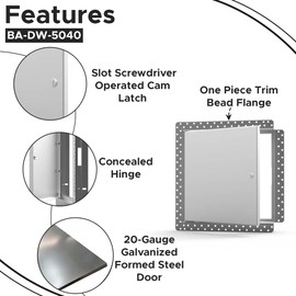 Best 10" x 10" Flush Metal Access Panel with Bead Flange, 20-Gauge Steel Access Door with Concealed Hinges, Drywall Panel for Ceilings & Walls, Screwdriver Cam Latch, White Polyester Coat, BA-DW-5040