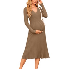 OUGES Womens Fall Maternity Dress for Photoshoot Long Sleeve Baby Shower Sweater Pleated Work Midi Dresses Maternity Clothes Fall Fashion 2025(Camel,XL)