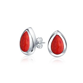 Simple Semi-Precious Stone Tear Pear Shaped Stabilised Blue Turquoise Bezel Set Stud Earrings For Girlfriend .925 Sterling Silver, Shell, Coral