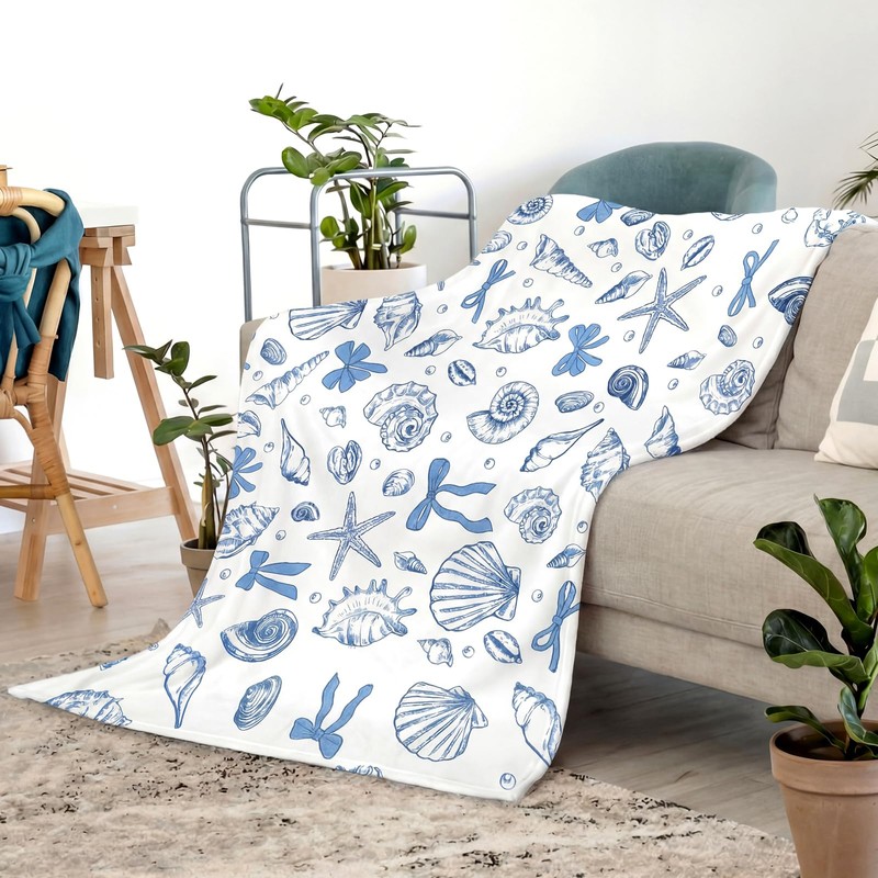 Breling Coastal Ocean Beach Throw Flannel Blanket Blue Seashells Cozy