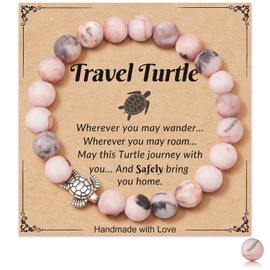 Cunegra Turtle Gifts for Women, Pink Zebra Stone Turtle Bracelet with Encouragement Card, Travel Gifts for Women Teen Girls
