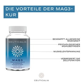 Mag 3 Magnesium Nahrungsergänzung - Hochdosiertes Magnesium Bisglycinat, Malat, Marin - Stress, Müdigkeit, Muskelentspannung - Vitamin B6-90 Kapslen, 45 Tage