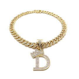 BLINGFACTORY Hip Hop Alphabet Initial D Pendant & 12mm 18" Full Iced Box Lock Cuban Chain Necklace