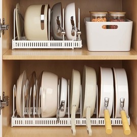 Pot Lid Holder, Expandable Pot Lid Organiser, Storage with 10 Adjustable Dividers, Non-Slip Pan Holder, Kitchen Organiser (White)