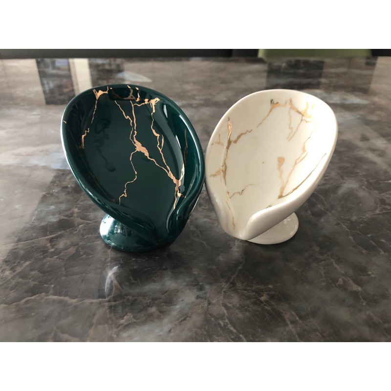 Alagoal Ceramic Soap Dish Elegant Marble Grain, Leaf Design, Self-Draining,Quick-Drying