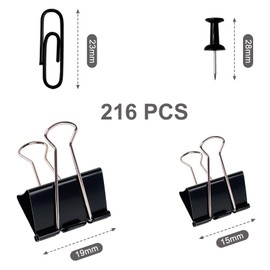Hotyin 216Pcs Binder Clips Set, Assorted Sizes Paper Clips, Push Pins, Metal Foldback Clips for Desk Accessories, Office, School Supplies, 3 Boxes/ 216Pcs