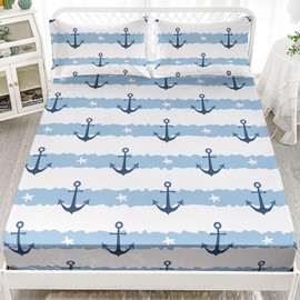 Smell Sunshine Anchor Sheets Set 4Pcs for Kids,Anchor Printed Sheet Set with 1 Flat Sheet and 1 Fitted Sheet + 2 Pillowcases(Anchor Full)