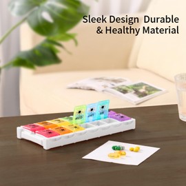 7-Day Weekly Pill Organizer, Large Daily Vitamin Case Box 2 Times A Day, Thicked Lids w/Bright Color Coded, Easy Push Button for Finger Protected (White and Black- 7 Day 2 Times)