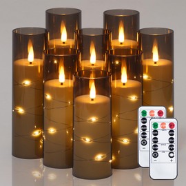 Mavandes LED Battery Operated Star String Remote Candles,Plastic Flickering Flameless Timer Pillar Candles, 2.2”x 5”,6”,6”,7”,7”,7”,8”,8”(Grey, Pack of 8)