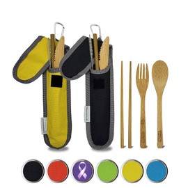 Travel Utensils with Case Set Fork, Knife, Spoon, Chopsticks, Straw, Straw-cleaning brush, Travel Pouch and Carabiner, Excellent For Everyday Use! ((2 Sets) Midnight Black/Sunrise Yellow)