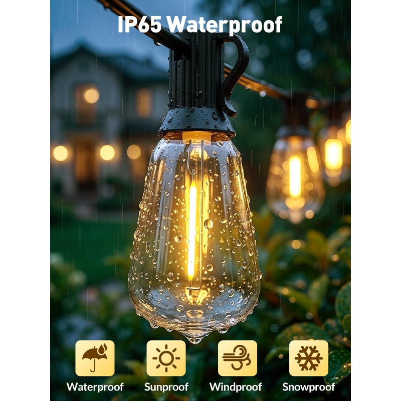 65ft-Solar-String-Lights-Outdoor-Waterproof-Solor-Powered-Patio-Light-Hanging-Outside-Backyard-Camping-Yard-Gazebo-Garden-Pergola-Bistro-Balcony-Cafe-Party-Fence-Lighting-LED with Edison Bulb & Remote