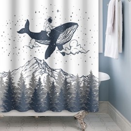 Funny Shower Curtain Astronaut Riding Whale Shower Curtains Misty Mountain Forest Shower Curtain Sets Galaxy Stars Clouds Bathroom Curtain 71x71 in with 12 Hooks