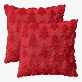 AVOIN colorlife Christmas Tree Red Throw Pillow Covers Set of 2, 18 x 18 Inch Soft Plush Faux Fur Jacquard Festivals Winter Cushion Case Decoration for Sofa Couch