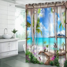 JIRGIXA Ocean Beach Shower Curtain Nature Scenery Landscape Tropical Palm Tree Floral Sea Coastal Seaside Summer Blue Green Fabric Bathroom Decor Curtain with Hooks