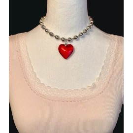 Unbranded Beaded Necklace With Big Large Red Glass Crystal Heart Pendant Charm 3D New