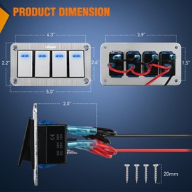 Nilight 4 Gang Rocker Switch Panel 3 Pin On Off Pre-Wired Toggle Switches Blue LED Waterproof Aluminum with DIY Stickers for 12V 24V Automotive Cars Marine Boats UTV Truck Jeeps
