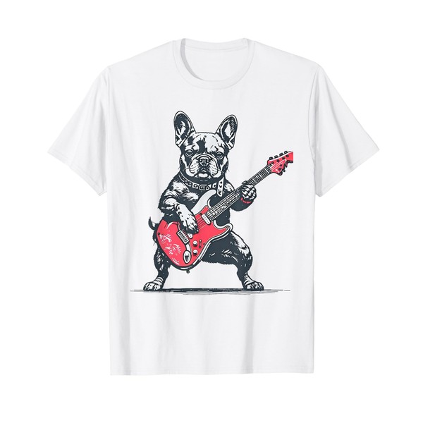 Vintage French Bulldog Dog Playing Guitar Funny Graphic T-Shirt