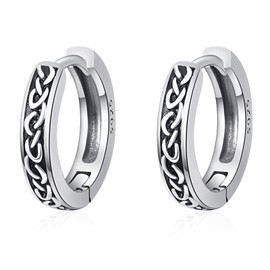 Hoop Earrings for Men Silver Punk Earrings 925 Sterling Silver Black Viking Rune Earrings Engraved Celtic Knot Earrings Hypoallergenic Huggie Hoop Earrings, Sterling Silver, /