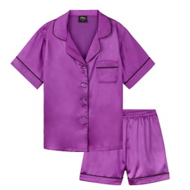 CityComfort Girls Pyjamas for Kids & Teenagers Summer Nightwear Sets Button Down Satin Short PJs Breathable Soft Loungewear Short Sleeved Jammies for Girls (15-16 Years, Purple)