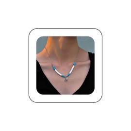 Xduargs Boho Shell Pendant Necklace Blue Polymer Clay Kauri Necklace Vintage Heishi Beads Choker Necklace Adjustable Shell Sewing Chain Necklace Jewellery for Women, Zinc, No Gemstone