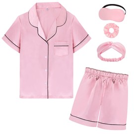 MORFORU Satin Kid Short Pajamas Set 5 Piece Child Silk Pjs Button Sleepwear with Eye Mask, Hairhand, Hair Ring (Pink,130)