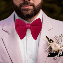 HOULIFE Mens Pretied Bowties Velvet Solid Color Adjustable Oversized Tuxedo Bow Tie and Pocket Square for Wedding Party, Bright Red, Large