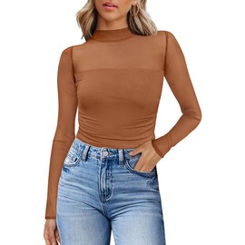 Womens Fall Fashion 2025 Lightweight Going Out Tops for Women Ruched Mock Turtleneck Fashion Clothing 2025 Brown M
