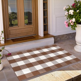 Uphome Bufflo Plaid Outdoor Rug 27.5"x43", Brown Checkered Front Door Mat for Fall Decor, Indoor Outdoor Farmhouse Cotton Porch Rug for Layered Door Mats, Washable Area Rugs for Patio Entryway