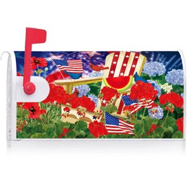 Texupday USA Patriotic Pansies Floral Watermelon Mailbox Cover with Magnetic Strip Summer Cardinal Mailbox Wraps Post Letter Box Cover Standard Size 21" X 18" for Garden Outdoor Yard Decor