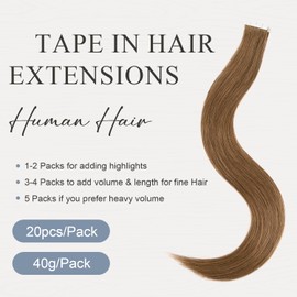 Originea Tape-In Real Hair Extensions, 20 Pieces, 40 g, 45 cm, Light Brown Extensions, Real Hair, Invisible Tape Extensions, Silky Skin Weft Tape Ins #8