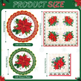 Havawish Christmas Paper Plates and Napkins, 7 in 9 in Christmas Disposable Plates Red and Green Poinsettia Flower Dinner Dessert Dinnerware for Xmas Holiday Party Supplies, Serve 24 Guests