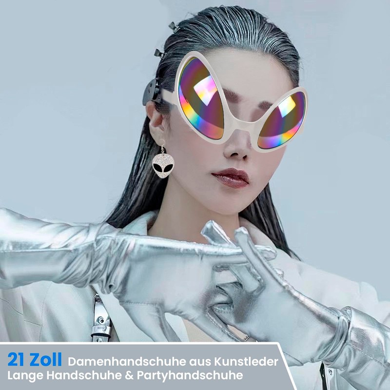 FACATH Silver Alien Costume Headband & Rainbow Lens Glasses Gloves
