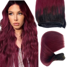 Sew in Weft Hair Extensions Human Hair, 18” Ombre Sew in Hair Extensions Real Human Hair Natural Black to Burgundy Hand Tied Weft Hair Extensions 1B99J Sew in Hair Bundles Hair Wefts Human Hair Sew in