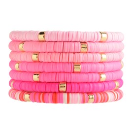 LYNMOS Colorful Heishi Clay Bead Bracelet Set for Women Stackable Vinyl Disc Polymer Beaded Stretch Bracelets Preppy Bohemian Summer Beach Bracelets Jewelry (B-Pink, 7.2 Inch)