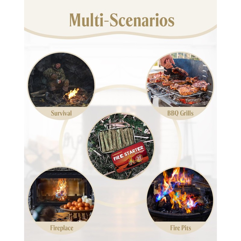 AWEASROY Fire Rope Blue Flame(30-Pack) Windproof Fire Starter, Long-Lasting, Bright