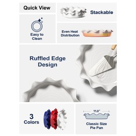 LE TAUCI Ceramic Pie Pans for Baking, 11 Inches Deep Dish Pie Plate for Apple Pie, Pot Pie, 48 Ounce Baking Dish with Ruffled Edge, Set of 2, White