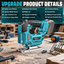 Cerycose Jig Saw Compatible with Makita 18V Battery, Laser Guide Cordless Jigsaw Tool, Brushless Motor, Variable Speed, 45° Bevel Angle Cut, LED Light, 3 Orbital Sets, 6PCS Blades (No Battery)