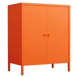 Small 2 Transparent Door Metal Storage Side Buffet Cabinet for Bed Room,Living Room,Entryway,Hallway,Home,Hotel,Office,Garage,Kitchen,1 Removable Shelf. (Metal Door, Orange)