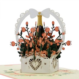 Flying Meow Rose Flower Champagne Basket Greetings 3D Pop-Up Card - Handcrafted Greeting Card for the Blossoming Season (Rose Champagne Basket)